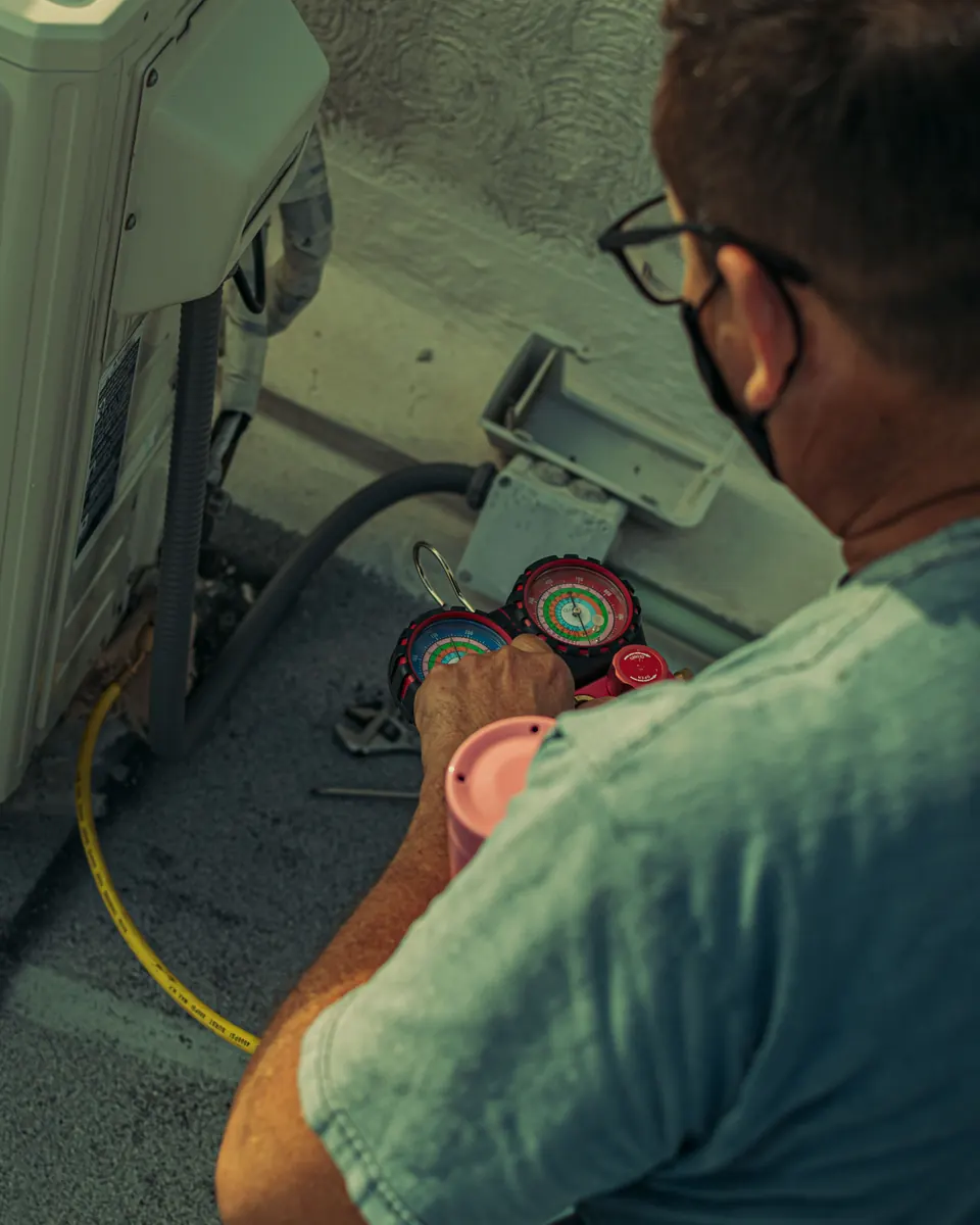 HVAC technician reading a refrigerant manifold gauge connected to an outdoor air conditioning unit
