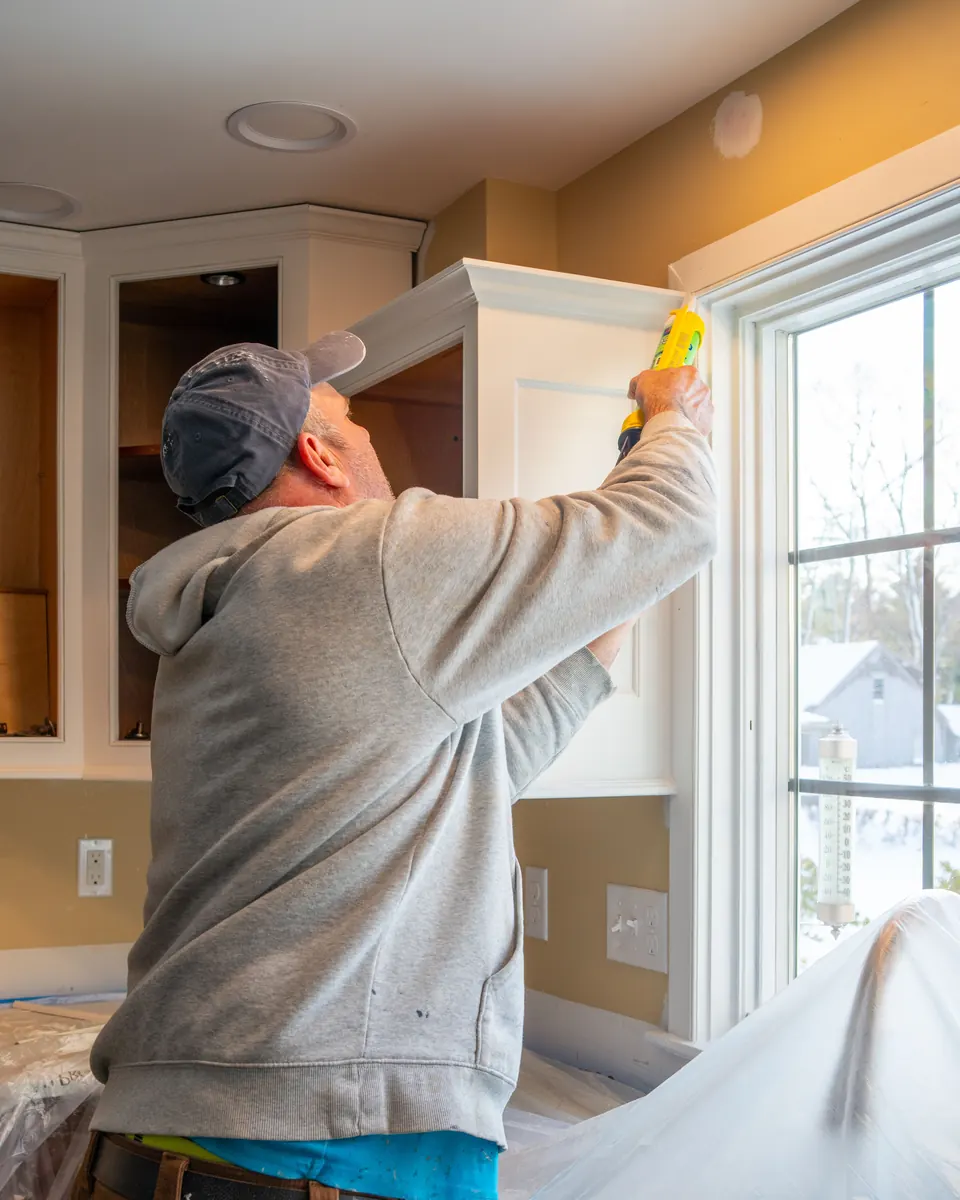Remodeler caulking the trim of a new white kitchen cabinet during a renovation