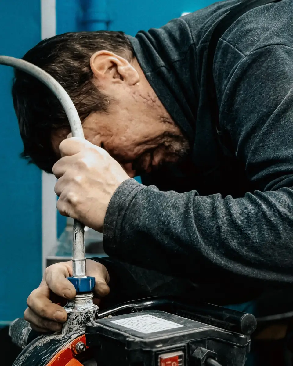 Plumber in a dark work shirt tightening a fitting on a water pump with his hands