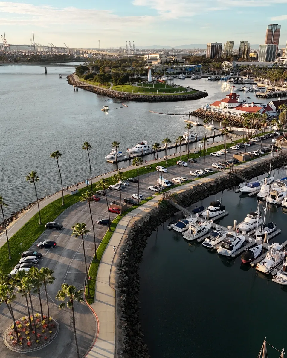 Aerial view of a Long Beach, CA marina with palm-lined shoreline park and harbor